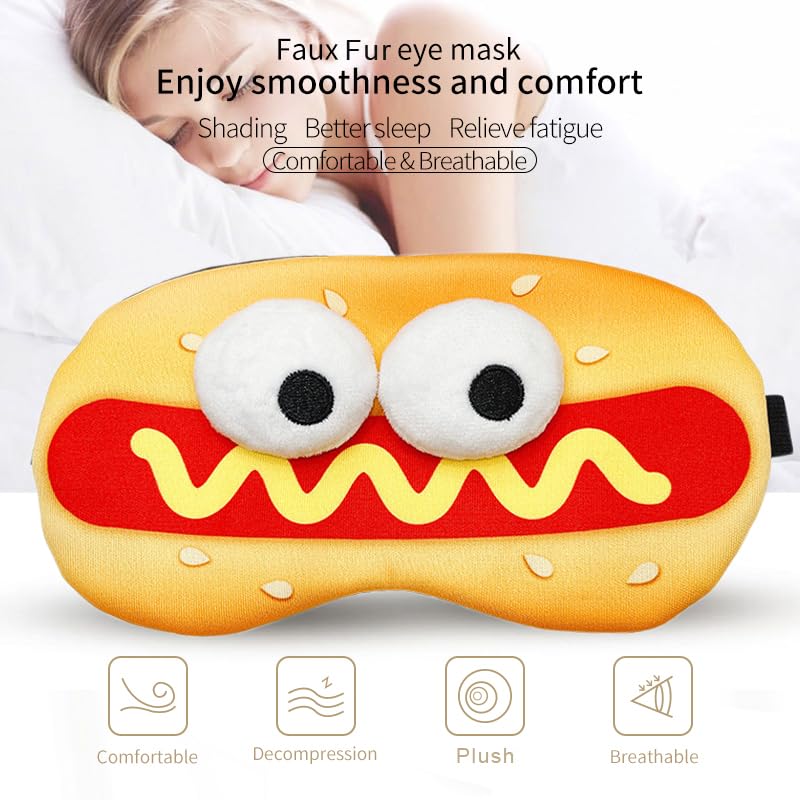 PERFECTSIGHT Sleep Eye Masks, Cute Plush Sleep Eye Cover Lightweight Adjustable Eyeshade Faux Fur Mask Cover for Women Men Sleep Travel Nap (Hotdog)