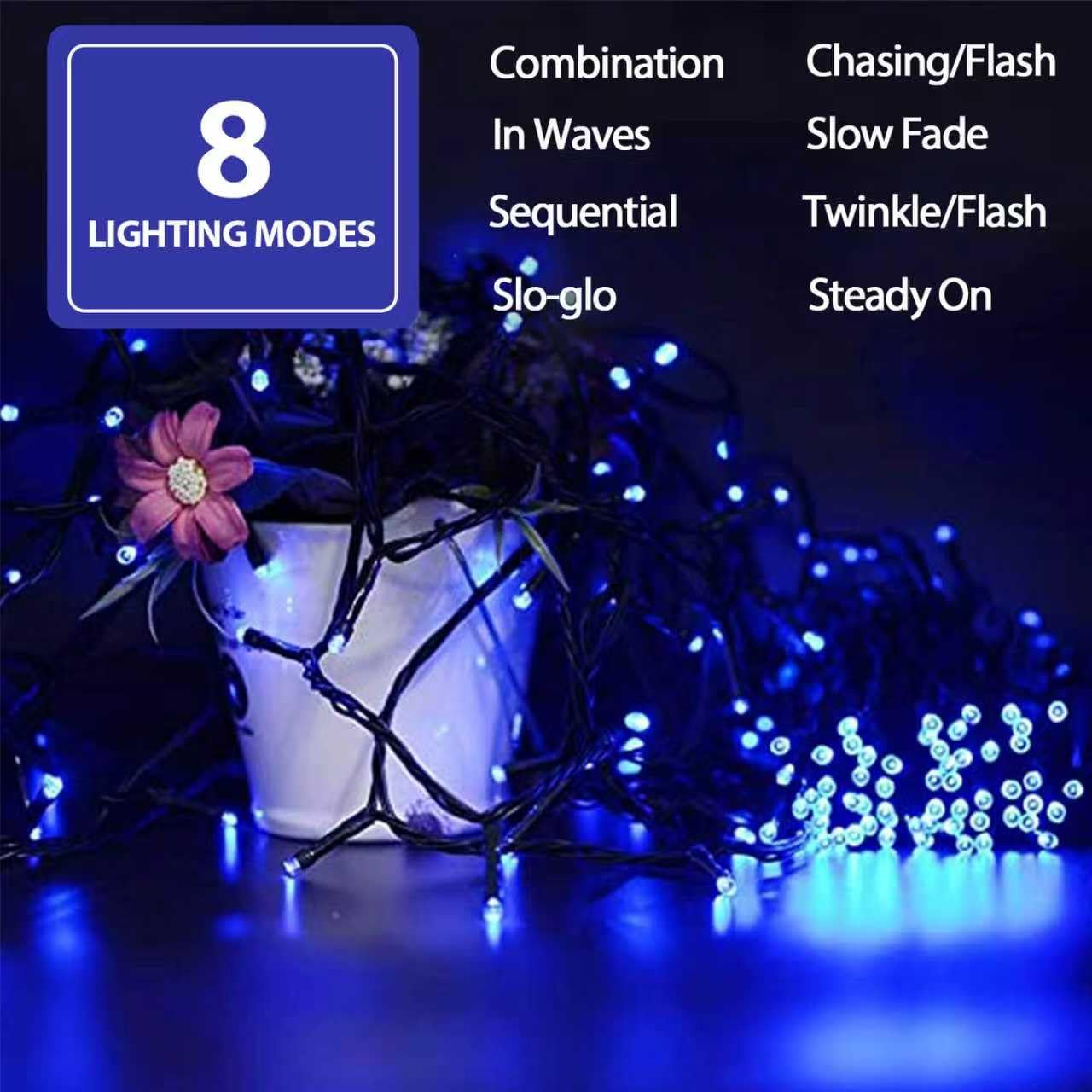 YIQU 200 LED Christmas String Lights, Blue, Indoor/Outdoor, 8 Modes, Model MLS-D29V6WUC-O