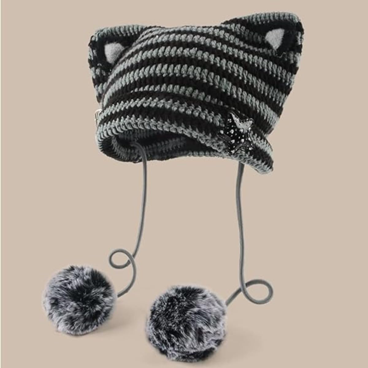 Women Kawaii Cat Ear Beanie Hat with Star Pom Poms Y2K Cute Crochet Goth Grunge Emo Alt Accessories Knit Slouchy Hat (Black Grey)
