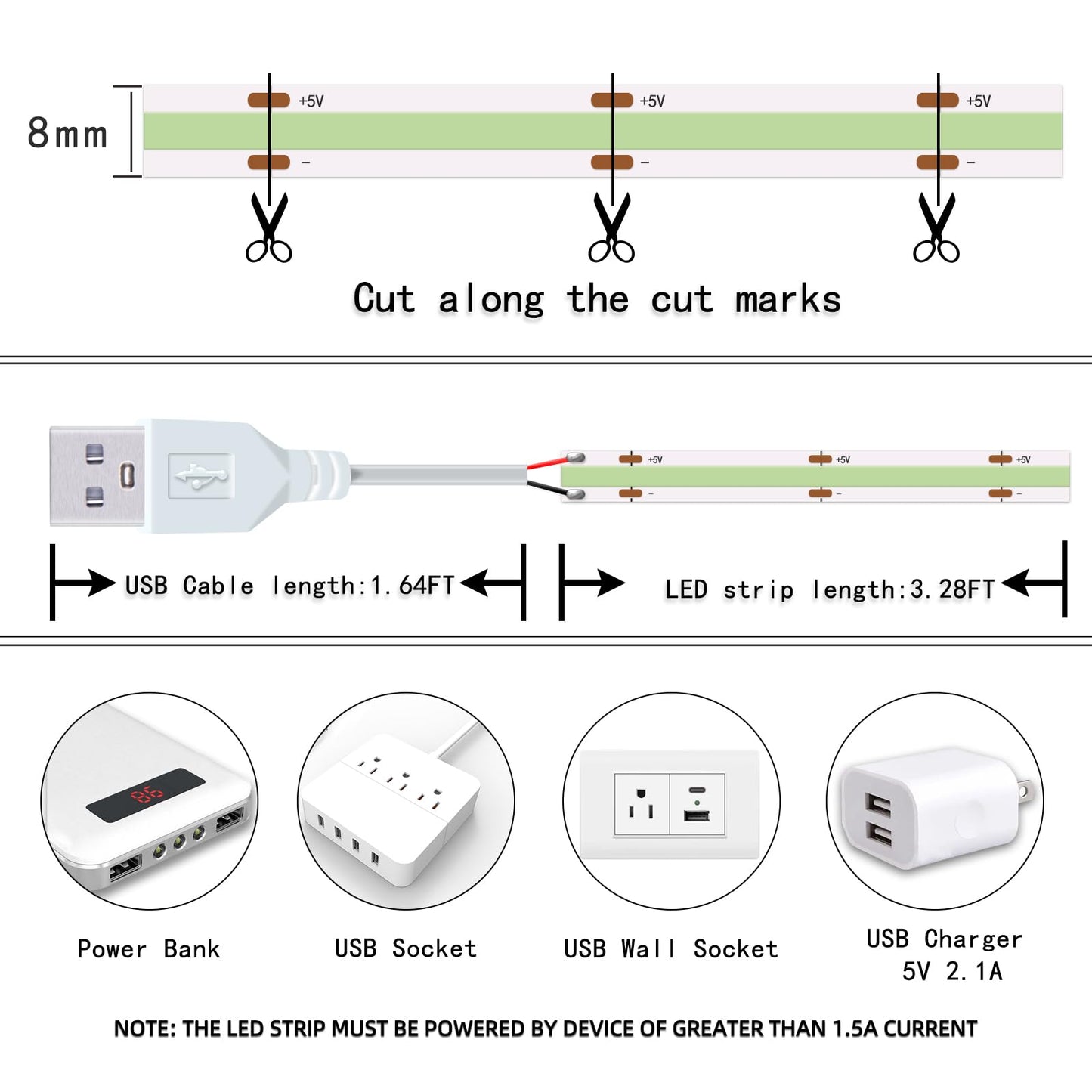 LED Strip Lights ICE Blue COB 320 LEDs High Brightness Indoor Use Flexible Thin LED Lights for Home DIY Display Cabinet 5V USB LED Short Light, Commercial Decoration TV Lights (3.28FT/3Pack)