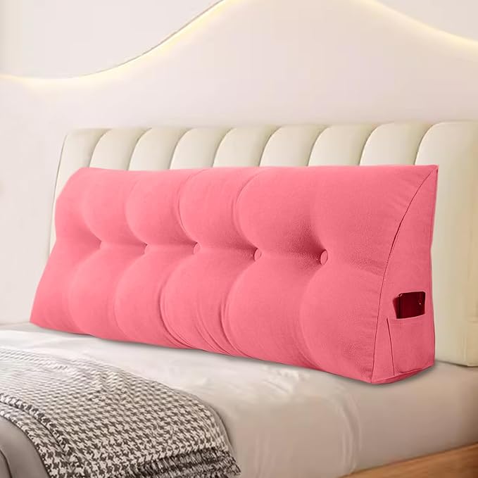 Large Triangular Headboard Pillows Long Backrest Positioning Support Bolster Cushion for Daybed Fluffy Quality Plush Body Wedge Pillow with Removable Cover(Pink -King-76x8x20in)
