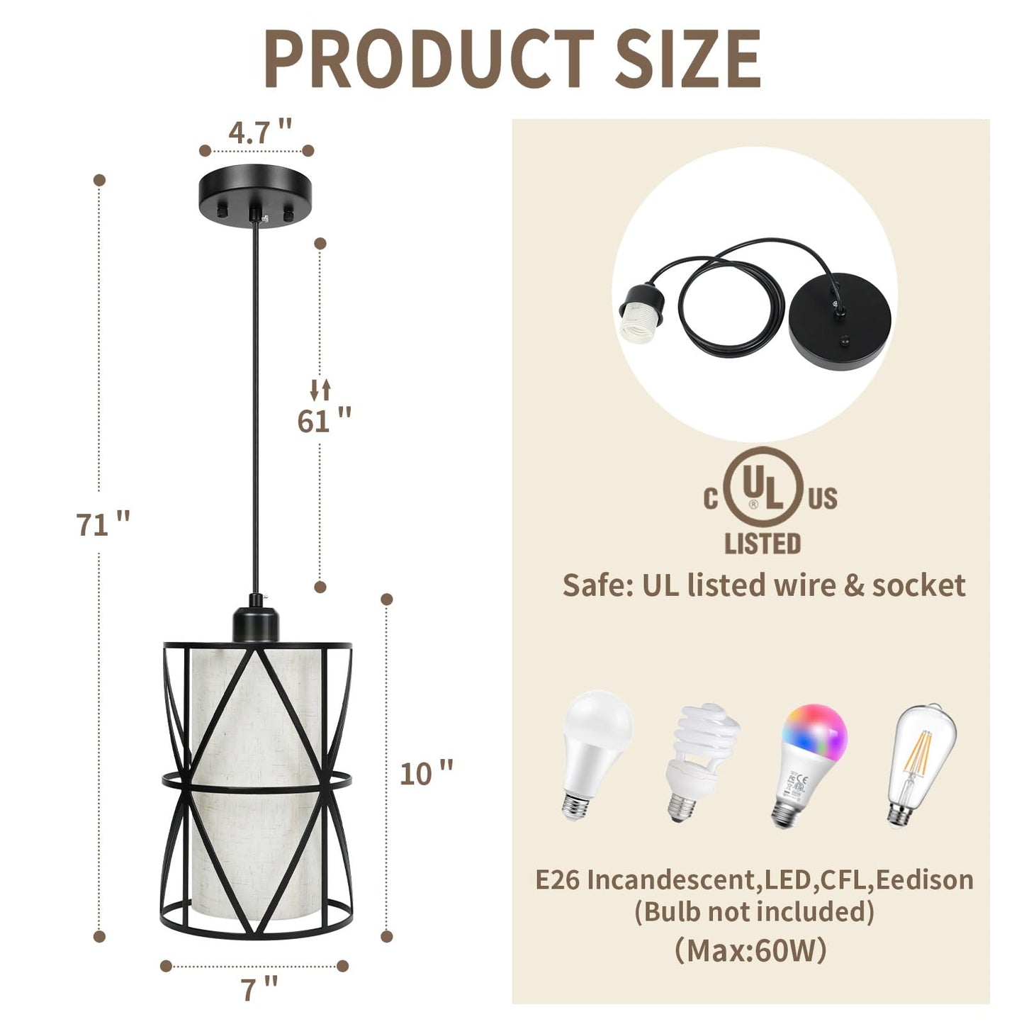 Zlierop 7in Matte Black Pendant Light, Adjustable Height, Linen Shade, Metal, Ideal for Kitchen, Dining Room, Living Room