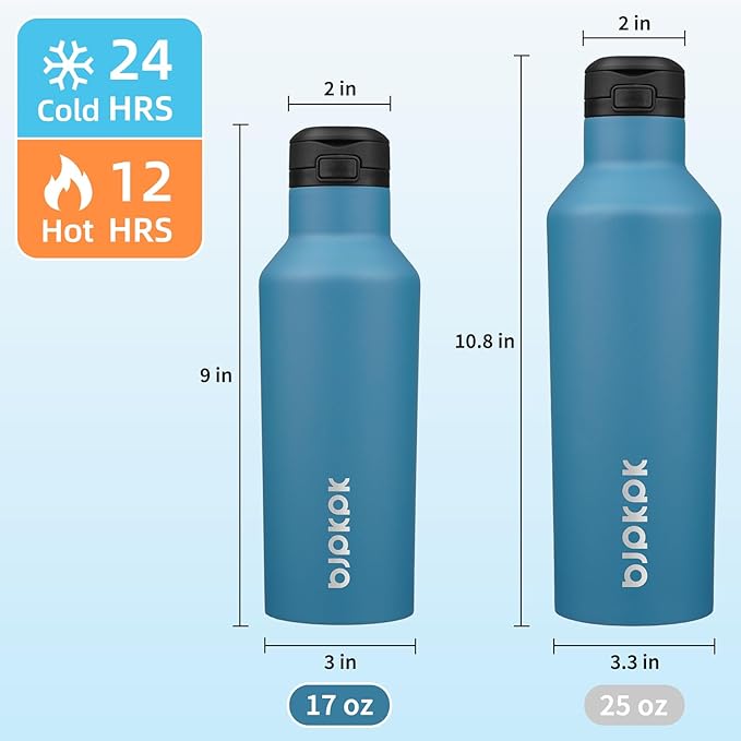 BJPKPK Insulated Water Bottle With Straw 17oz Stainless Steel Water Bottles With 2 Lids And Carry Handle Reusable Travel Metal Thermal Flask,Sea Blue