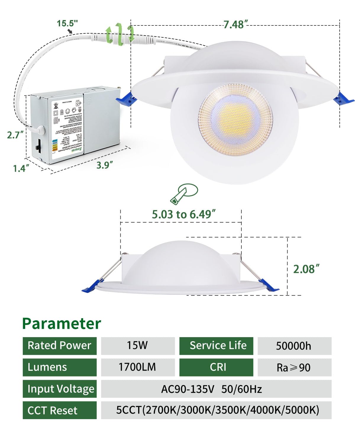 Zouzai 6 Inch 5Cct Gimbal Led Recessed Lights  360+90 Adjustable Directional Recessed Lighting  2700K/3000K/3500K/4000K/5000K Dimmable Retrofit Eyeball Can Lights With Jbox  Etl(White  6 Pack)