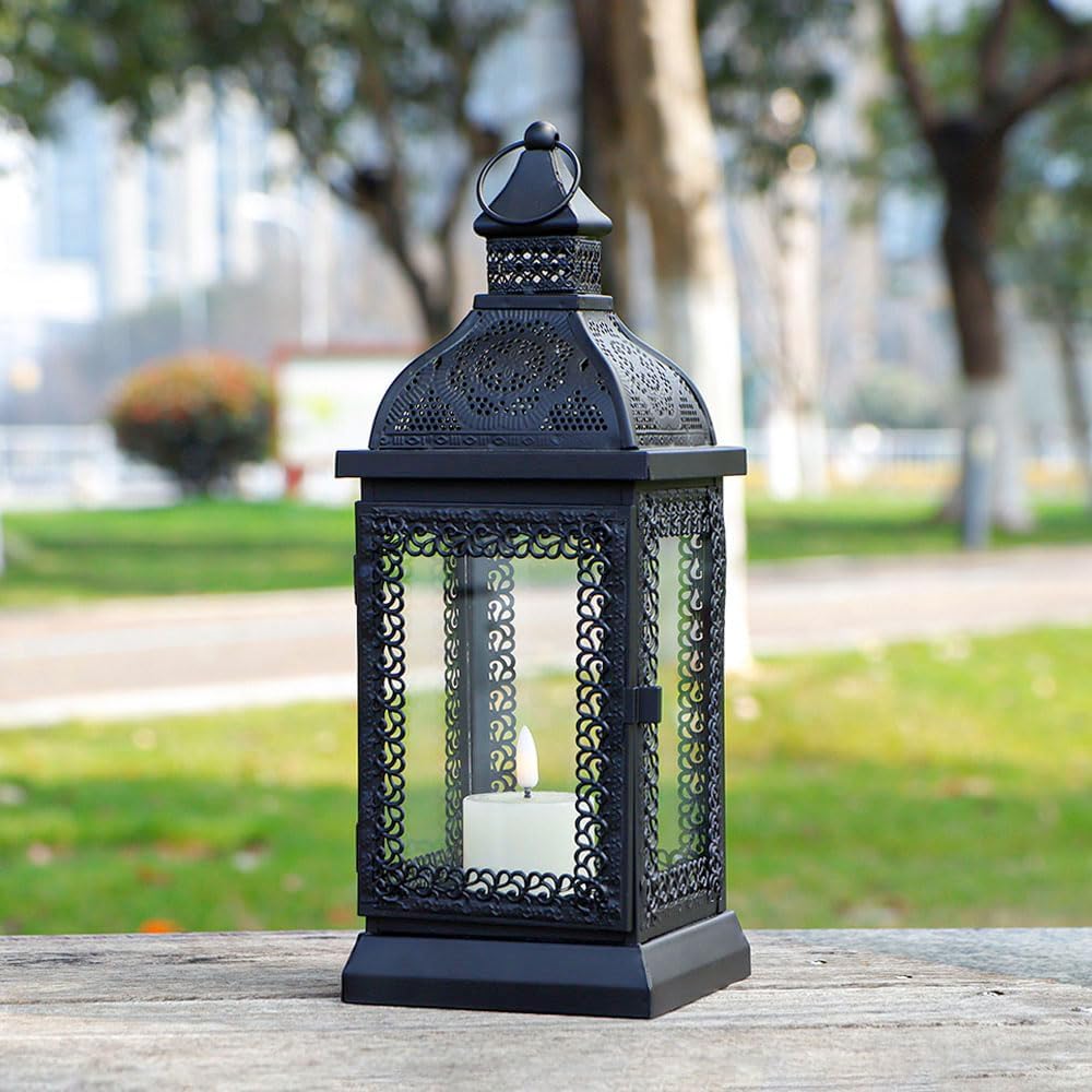 TRIROCKS Rustic Style Metal Candle Lantern 13'' High Decorative Outdoor Lantern Candle Holder with Tempered Glass for Christmas Living Room Garden Patio Parties Indoors Outdoors (Black)