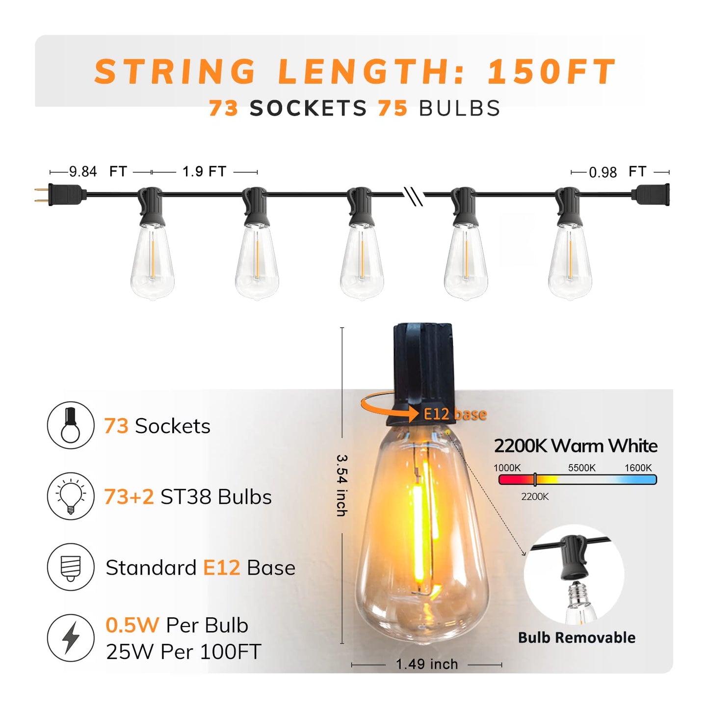 Achin Outdoor String Lights 150FT LED ST38 Vintage Style Dimmable 2200K Shatterproof Bulbs Waterproof for Patio Bistro Gazebo