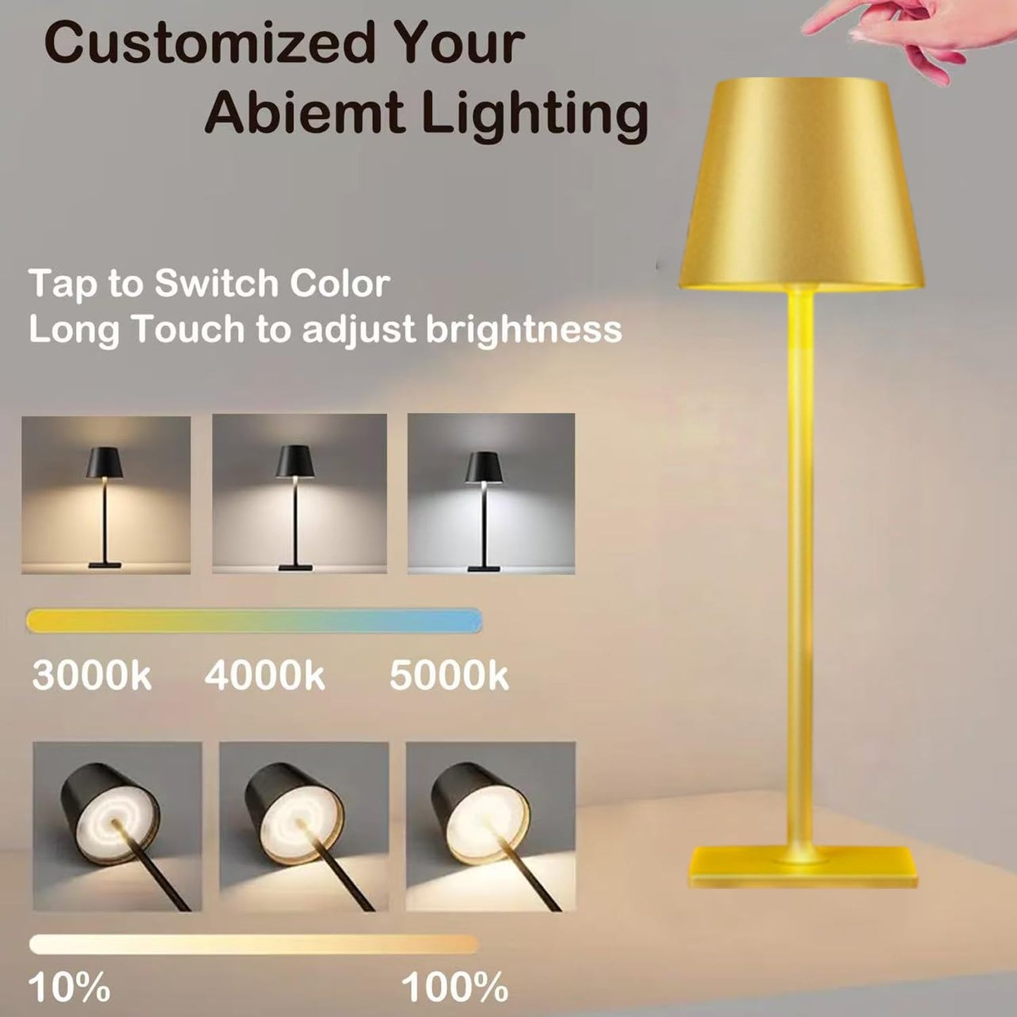 LamparaDecor Gold Cordless Table Lamps - Set of 2, 6000mAh Rechargeable LED Lighting for Patio, Dining Table, Kitchen Countertop