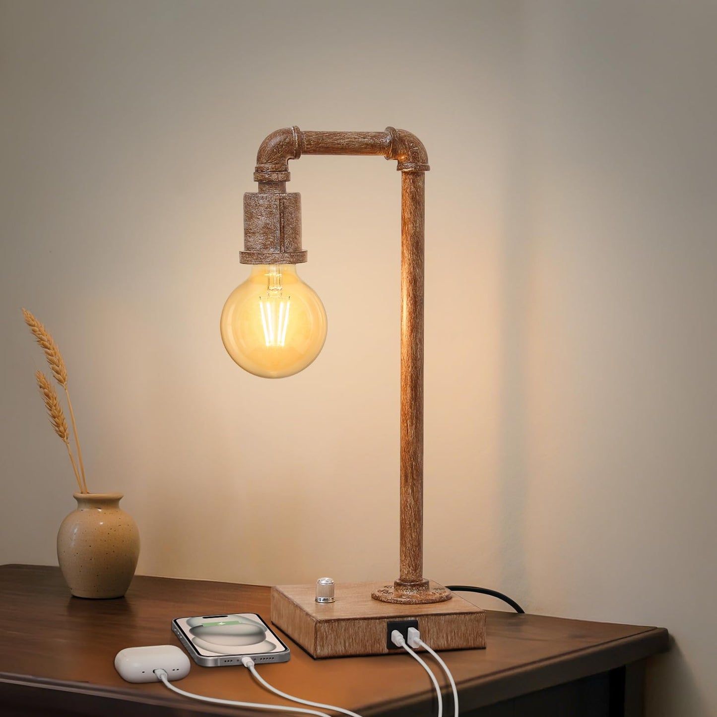 Seaside Village Steampunk Table Lamp with USB Ports, Dimmable, 5.59inx5.59inx16.14in, Brushed Rustic Wood, Model SG-Lamp-S-RW