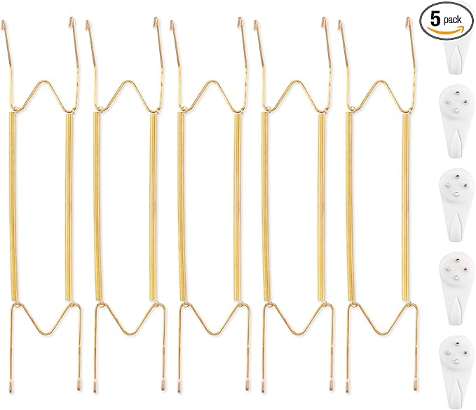 5 Pack Plate Hangers for The Wall, Suitable for 16-20 inch Art Plate, Stainless Steel Invisible Heavy Duty Wire Plate Holder with Wall Hooks, Plate Hangers for Displaying Plates, Platter, Dish, Gold