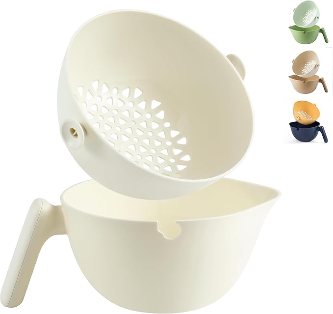 Chef's Path 2 in 1 Kitchen Strainer and Colander for Kitchen, Multifunctional Food Strainer Set, BPA Free Plastic Colander with Handle, Pasta Drainer, Veggie and Fruit Cleaner - White