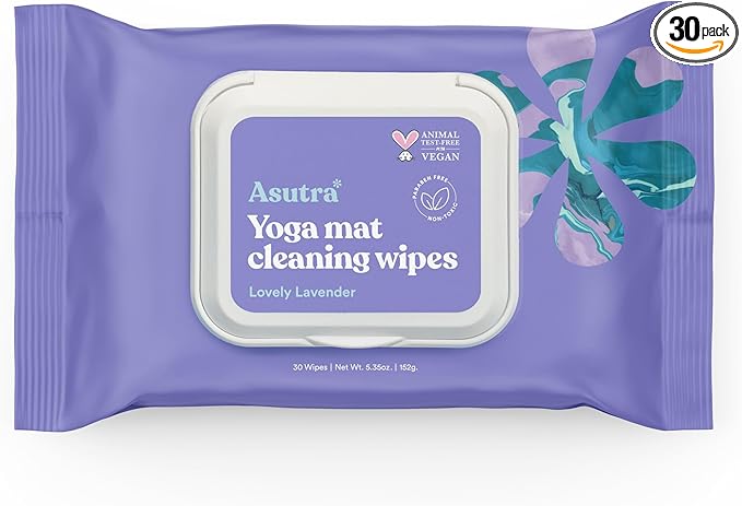ASUTRA Yoga Mat Cleaning Wipes (Lovely Lavender), 1 Pouch (30 Wipes) - No Slippery Residue, Deep-Cleansing for Fitness Gea...