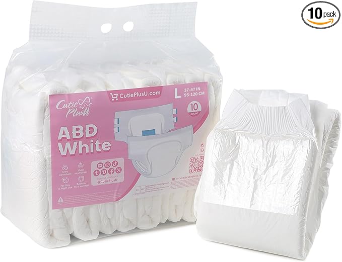 CutiePlusU Disposable Adult Diaper Heavy Absorption Dry Surface Adult Diapers All Night- White 10 Pieces (Large 36"-46")