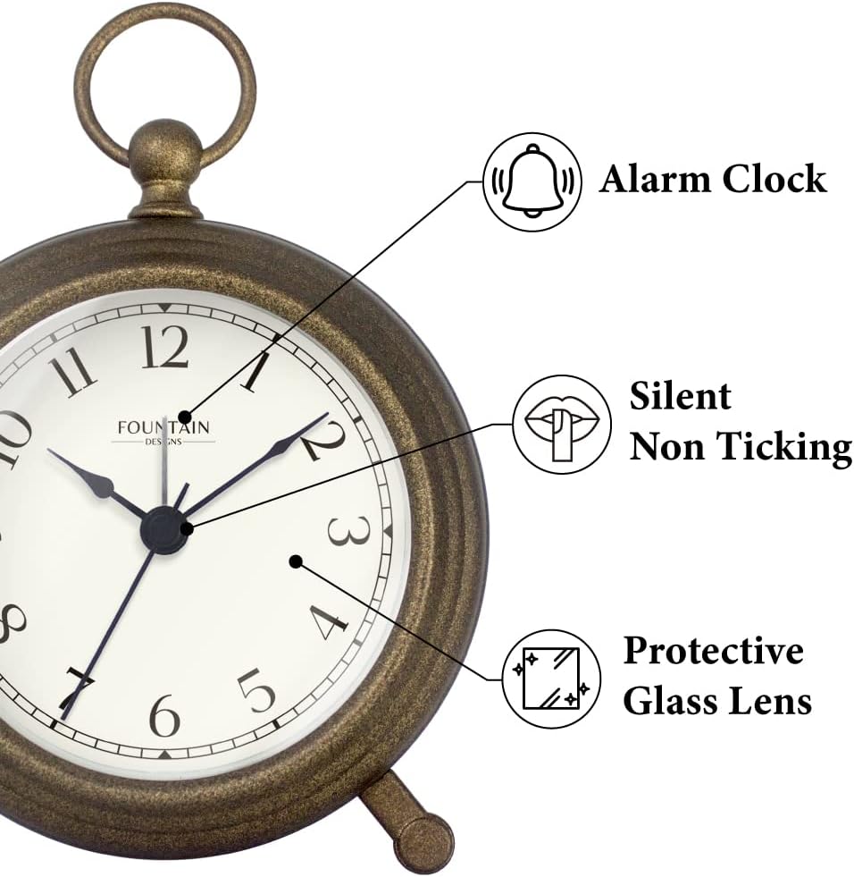 Jensen Pocket Watch Analog Alarm Clock for Bedroom,Silent Non Ticking, Modern Farmhouse Style, Wall & Mantel 2 in 1 Clock, Desk & Shelf Clock, Antique Bronze Finish, 5.4"(H) x 4.5"(W)
