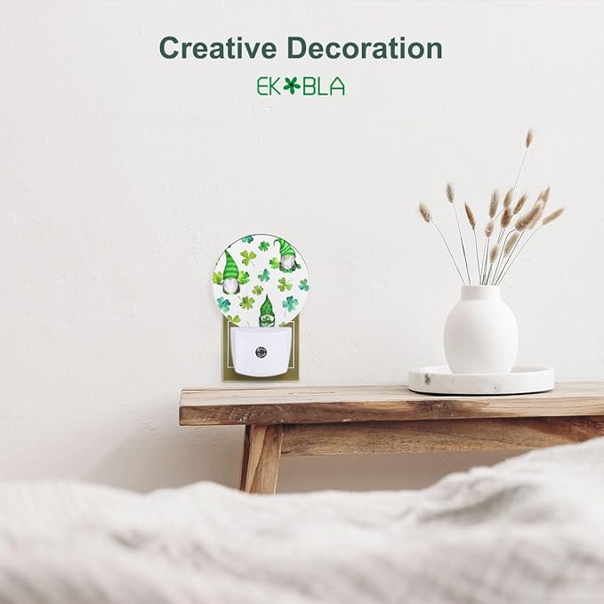 EKOBLA Cute Patrick's Gnome Night Light Green Shamrock Clover Leaves Plug-in Nightlights Auto Sensor LED Plug-in Nightlights for Men Women Girls Boys Home Decor