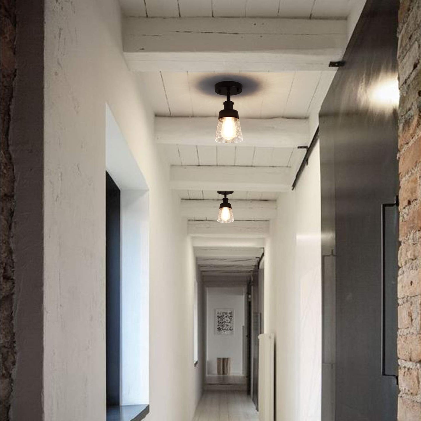 Fivess Lighting Industrial Glass Semi Flush Mount Ceiling Light, Black, 9.45x4.72x4.72 inches, Metal, Model fss3205