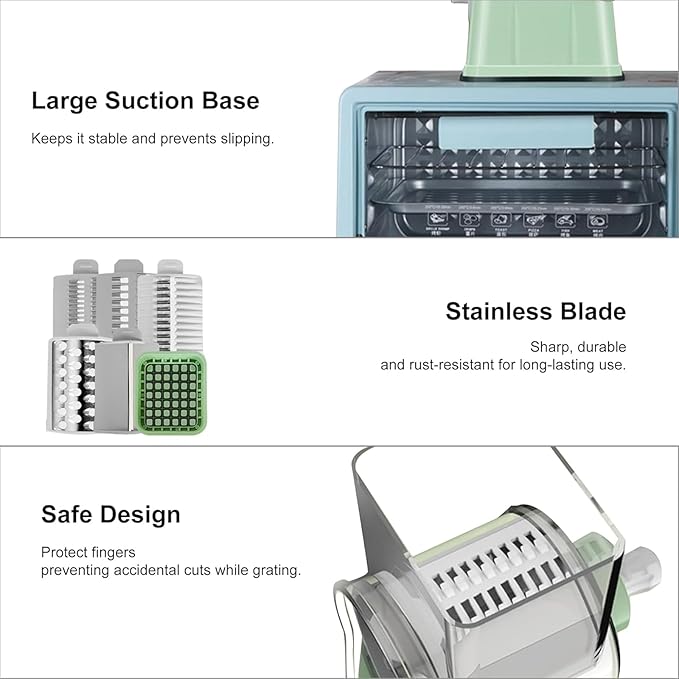 Rotary Cheese Grater, 6-in-1 with 6 Shredder Mandoline Food Chopper with Dicing Blade with Stainless Steel Slicer Blades,Easy to Use & Clean Green