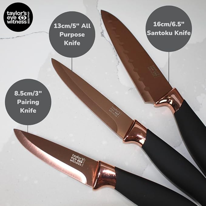 3pc Kitchen Knife Gift Set - Brooklyn by Taylors Eye Witness. Rose Gold Colored Bolsters, Matching Finely Ground Razor Sharp Titanium Coated Blades. Soft Grip Handles. 2yr Peace of Mind