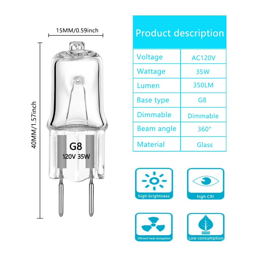 AHEVO G8 Halogen Light Bulbs 35W 120V Soft White 10 Pack Glass Bi-Pin Shorter T4 JCD for Under Cabinet Lighting
