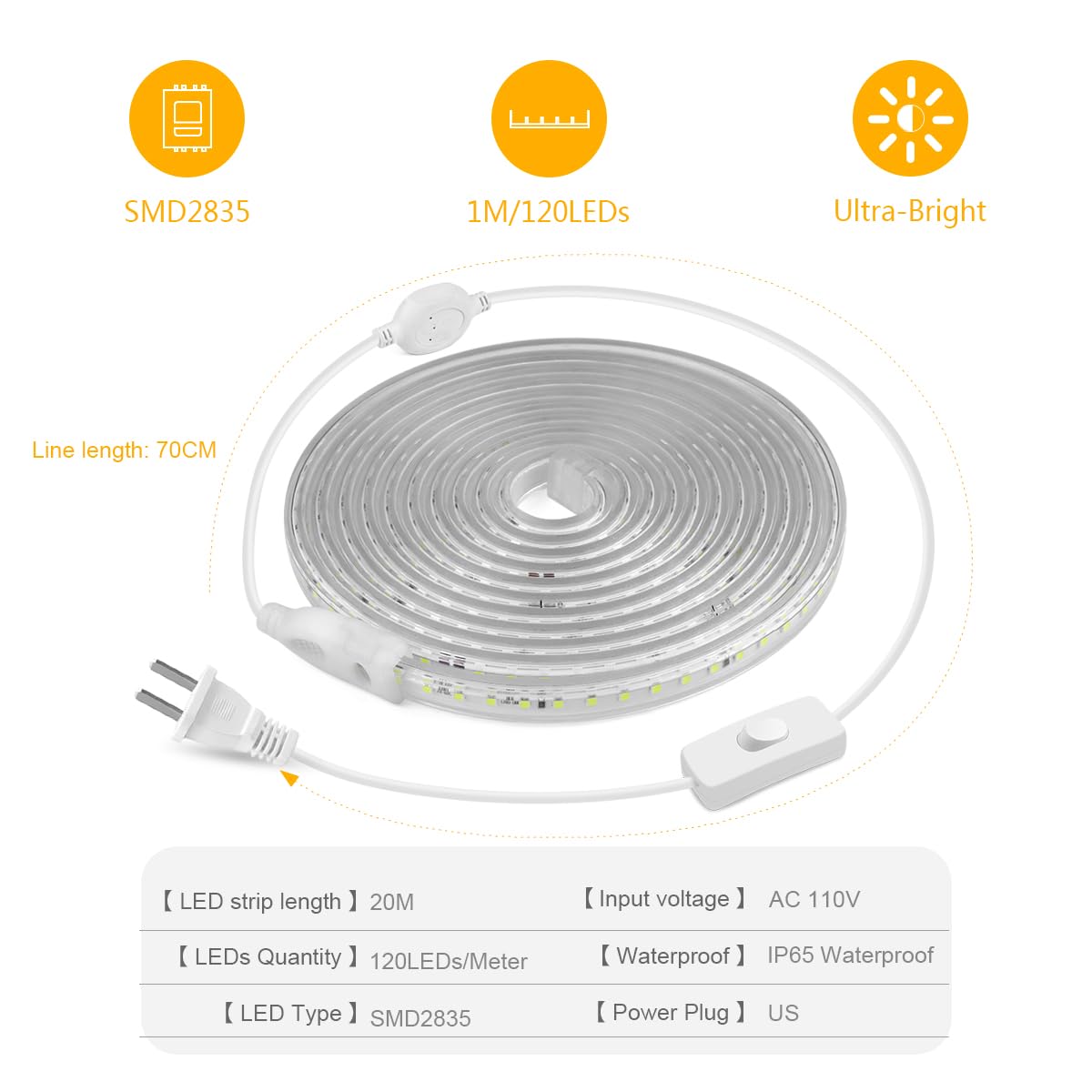 Chnmalitai Outdoor Led Strip Lights Ac110V 65.6Ft/20M Led Light Strip White Ip65 Waterproof 6500K Flexible Led Rope Lights For Patio Backyard Garden Kitchen Lighting(65.6Ft  White)