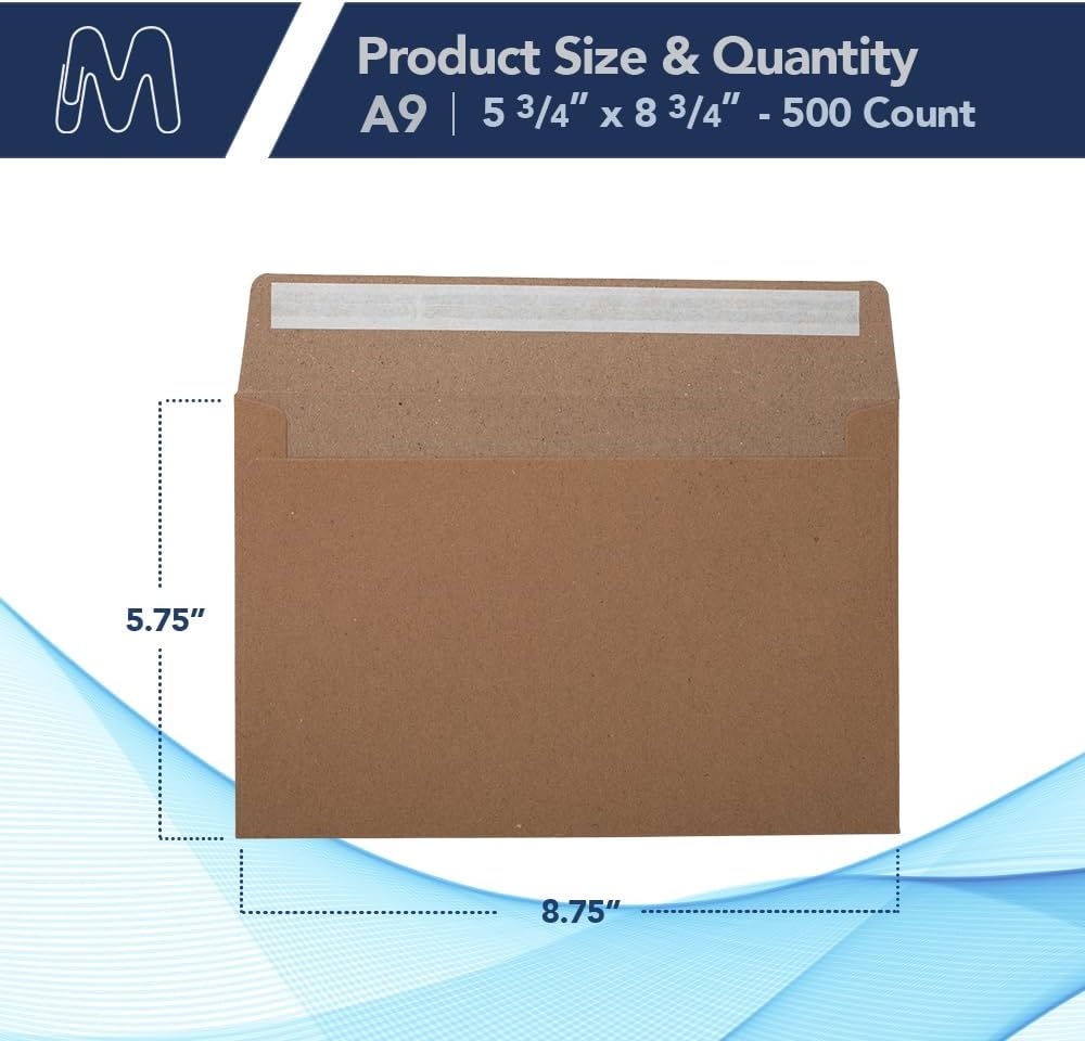 MOS A9 Kraft Envelopes 5.75 x 8.75 Inch 500 Pack — Brown Self-Seal Heavyweight Invitation Envelopes for Greeting Cards, Card Making, RSVP, Wedding Invitations, Business Mailings
