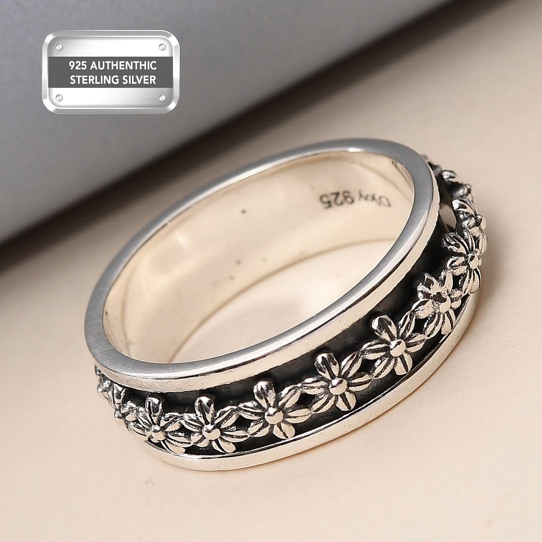 Shop LC Spinner Ring for Women - Spinning Anxiety Ring for Men - Wedding Band 925 Sterling Silver Platinum Plated Daisy Flower J