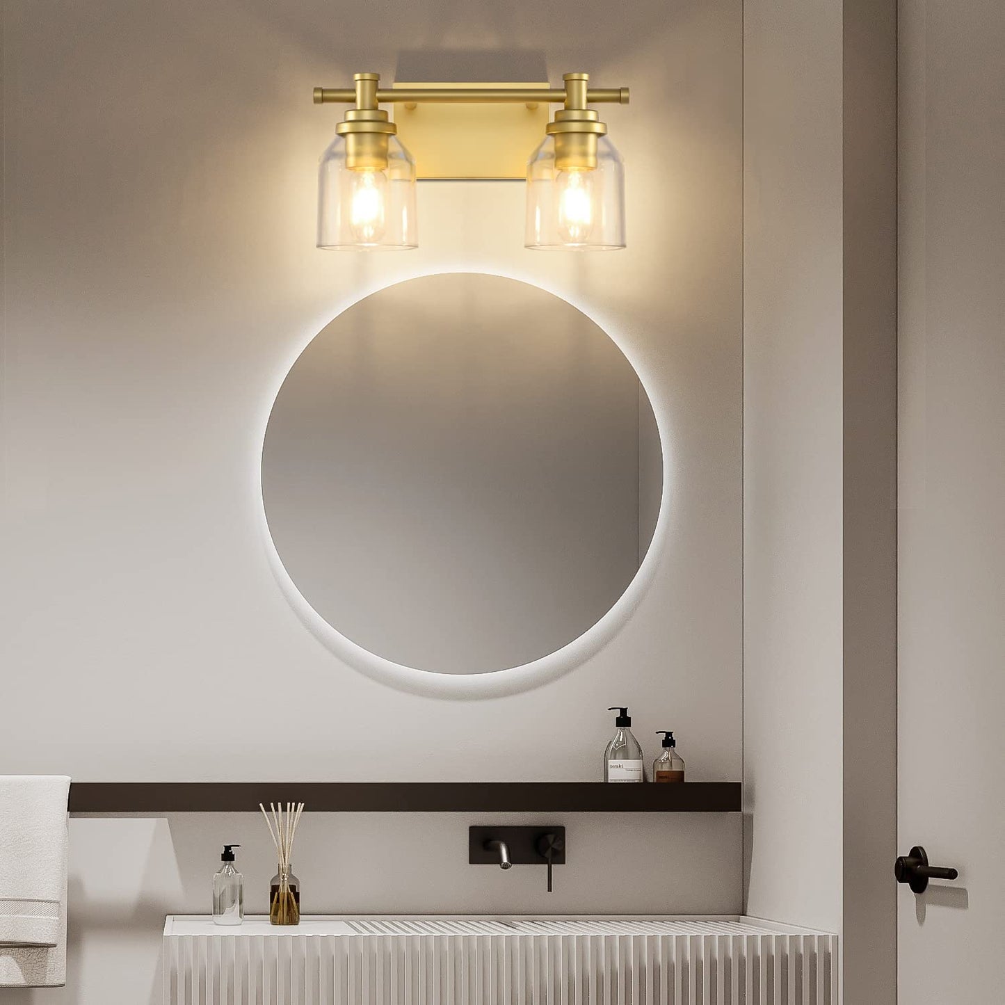 SOLFART Golden Vanity Light Fixture - 2 Lights, Glass Shade, Vintage Wall Lighting for Bathroom Over Mirror