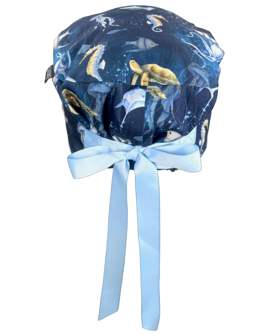 CALOMED Scrub Cap for Women and Men, Euro Style Scrub Caps, with Ribbon Ties & Buttons, Long or Short Hair (Watercolor Ocean Cre