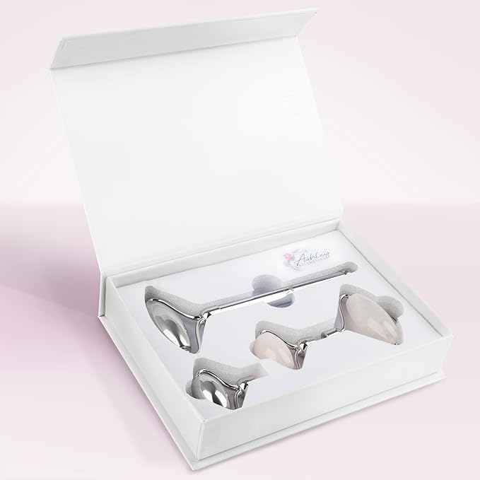 Stainless Steel Ice Roller & Rose Quartz Facial Set | Luxury Skin Care Tools for Lymphatic Drainage, Product Absorption, Skin Tightening, & Relaxation