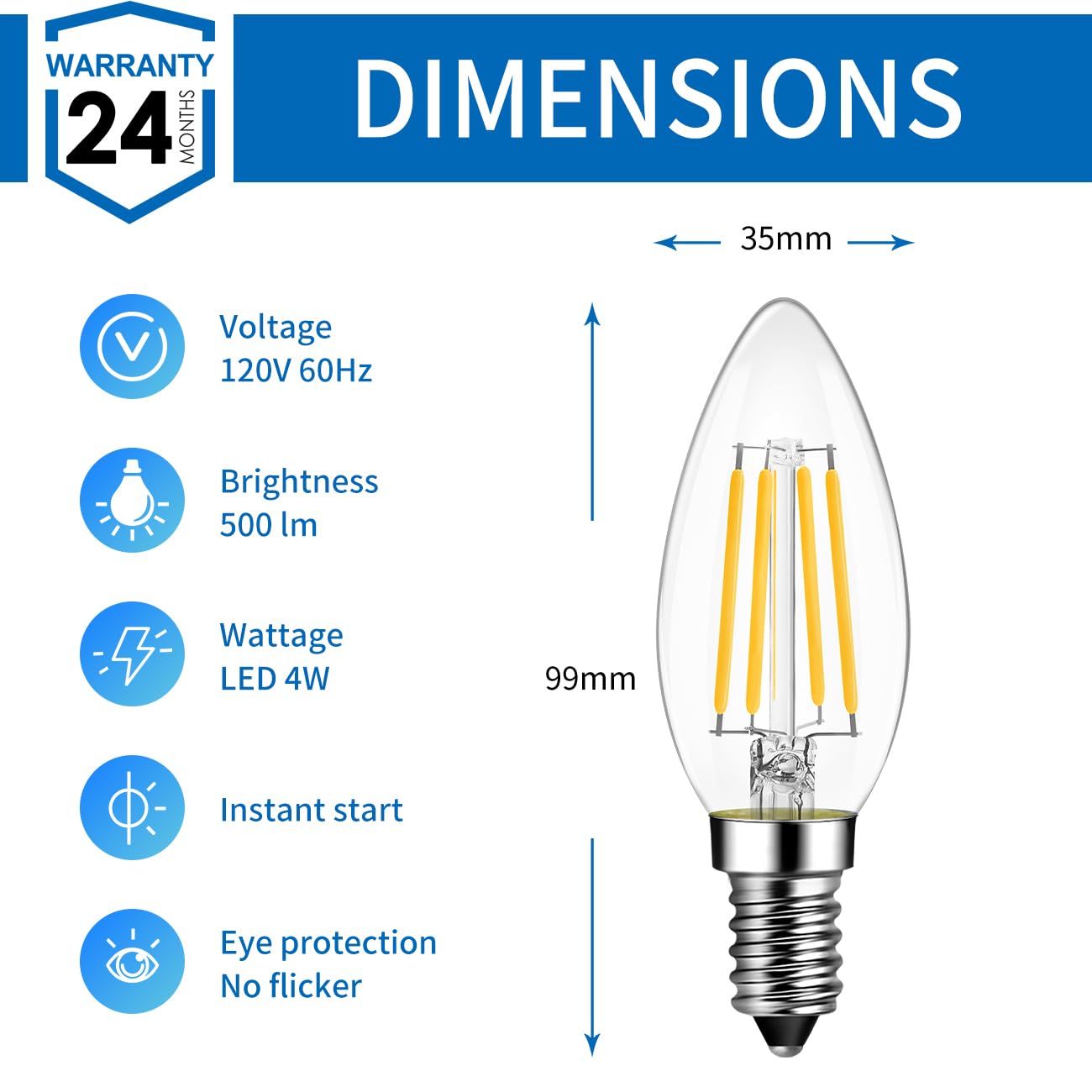 ANWIO B11 LED Filament Bulb E12 5.5W 2700K Warm White 500 Lumens Non-Dimmable, Pack of 6