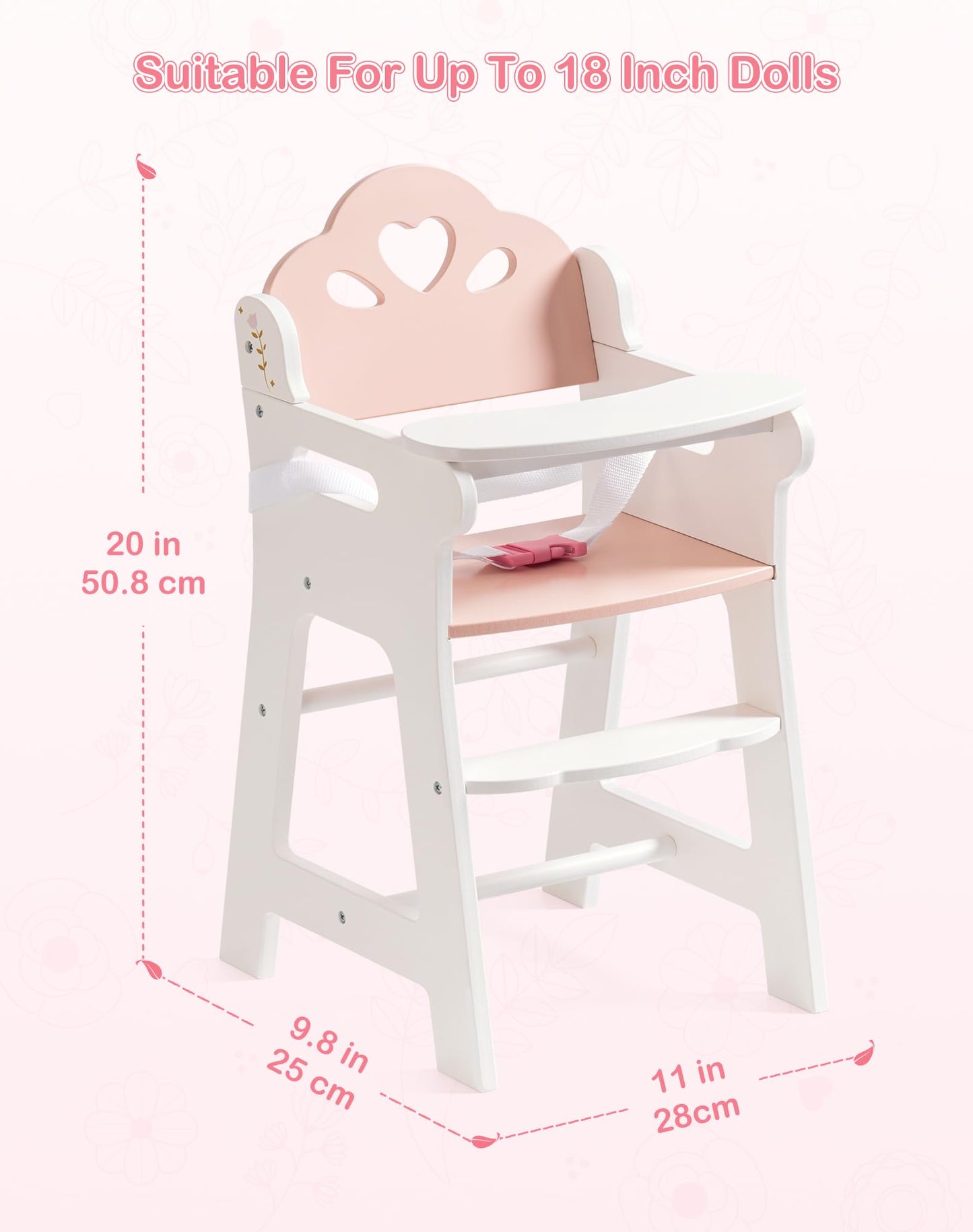 ROBUD Baby Doll High Chair, Pretend Play High Chair with Seat Belt, White Wooden Baby Doll Accessories with Movable Tabletop, Fits 18-20 Inch Dolls, WRP27