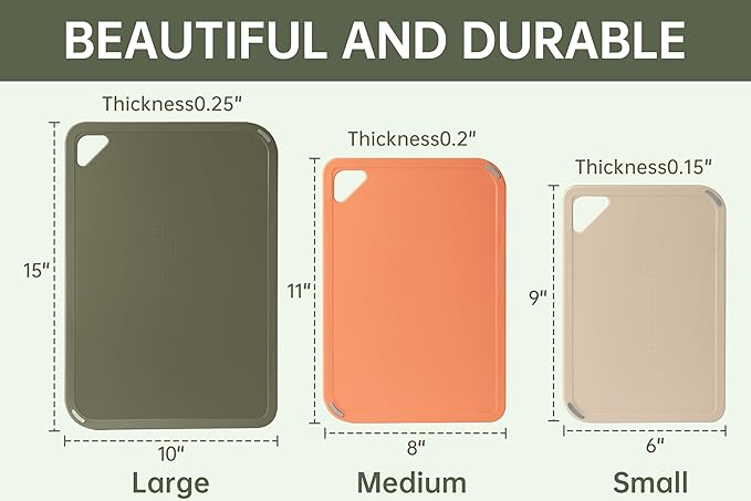 Plastic Cutting Board Set,Cutting Boards for Kitchen BPA Free, Large-Small Chopping Boards Set of 3 Non-Slip for Cooking Camping Dishwasher Safe, Reversible, with Grip Handle, 15"×10"×0.6"