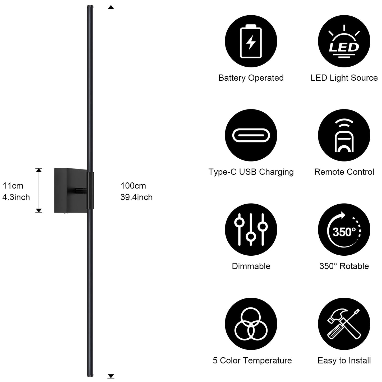 JZEKVN Wall Sconces Set of Two, 39.4in Dimmable Black LED Lights, Battery Operated, 350° Rotation, Model 20241114002