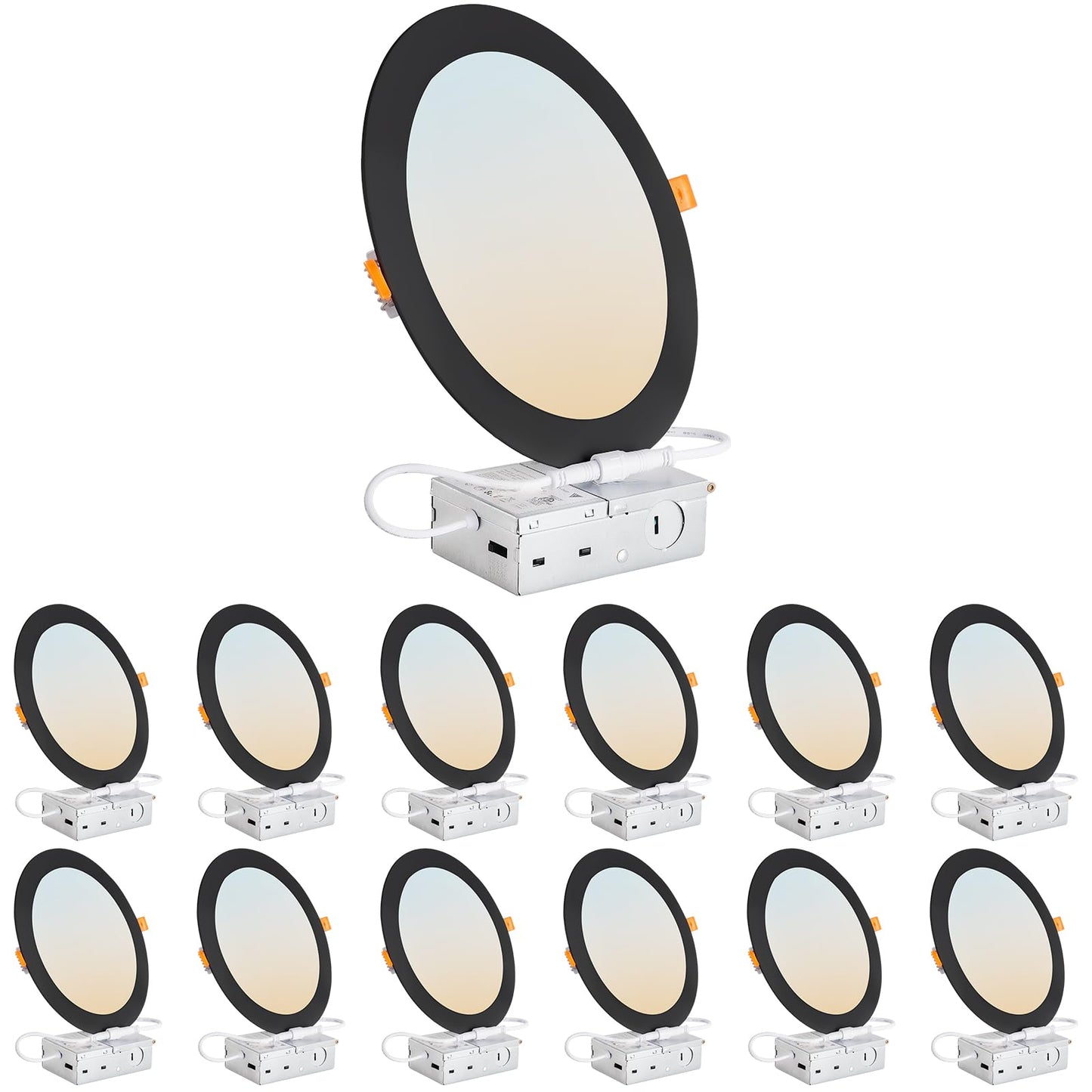 Dllt Led Recessed Ceiling Lights: Black 12 Pack 8 Inch 5Cct Ultra-Thin Lighting With Junction Box For Bedroom - 1800Lm Brightness 18W Eqv 170W Dimmable Canless Wafer Downlight With Etl&Fcc