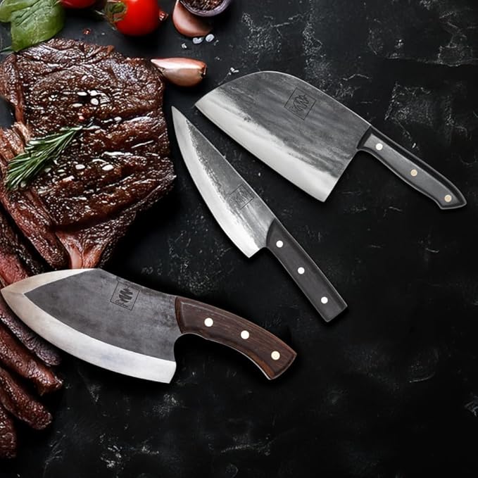 COOLINA Knife Set – Lixy, Tungsten & Promaja Knives Bundle – 3-Piece Hand-Forged Carbon Steel Kitchen & BBQ Knives – Full Tang Butcher, Chef & Cleaver with Wooden Handles