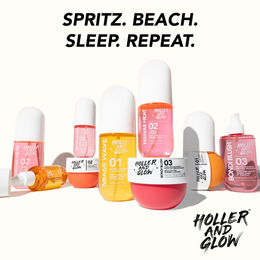 Holler and Glow Hawaii Heat Vanilla Body & Hair Mist, Body Spray For Women, Hair Perfume For Women, Delicate Peony, Amber Scented, Warm & Sweet, Travel Sized, 3.38 Fl Oz