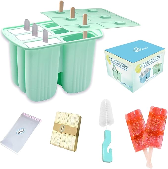 Silicone Popsicle Molds with Sticks Wpunwen 6 Cavity Ice Popsicle MoldsIce Cream Mold with Clean Brush 6 Reusable Sticks 50 Sticks 50 Bags Green
