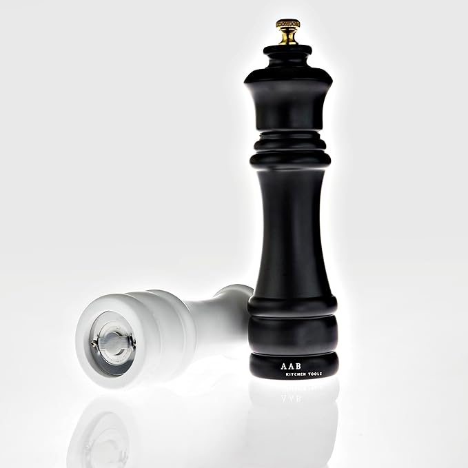 Wooden Black and White, Manual Refilable Large Salt And Pepper Grinder Set, Shaker with Adjustable Ceramic Grinding Mechanism for Customized Coarseness, 8 inches Large, Pack of 2