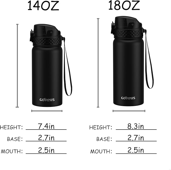 Kids Water Bottle, GOPPUS 18 Oz Stainless Steel Travel Bottle, Double Wall Vacuum Leak Proof Kids Cup for School Boys Girls, Black