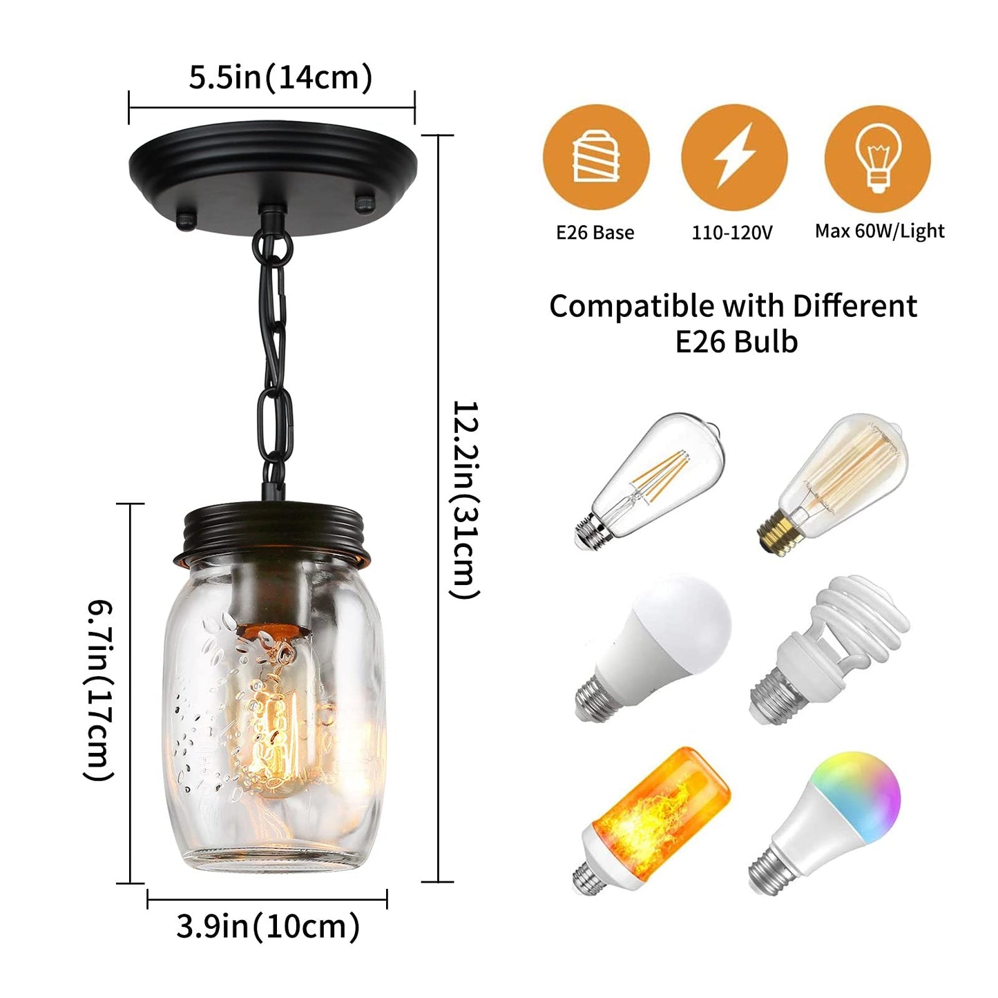 PUZHI HOME Glass Mason Jar Pendant Light Fixture, 1-Light, Metal, Black, Ideal for Kitchen, Dining Room, Hallway, Model 3