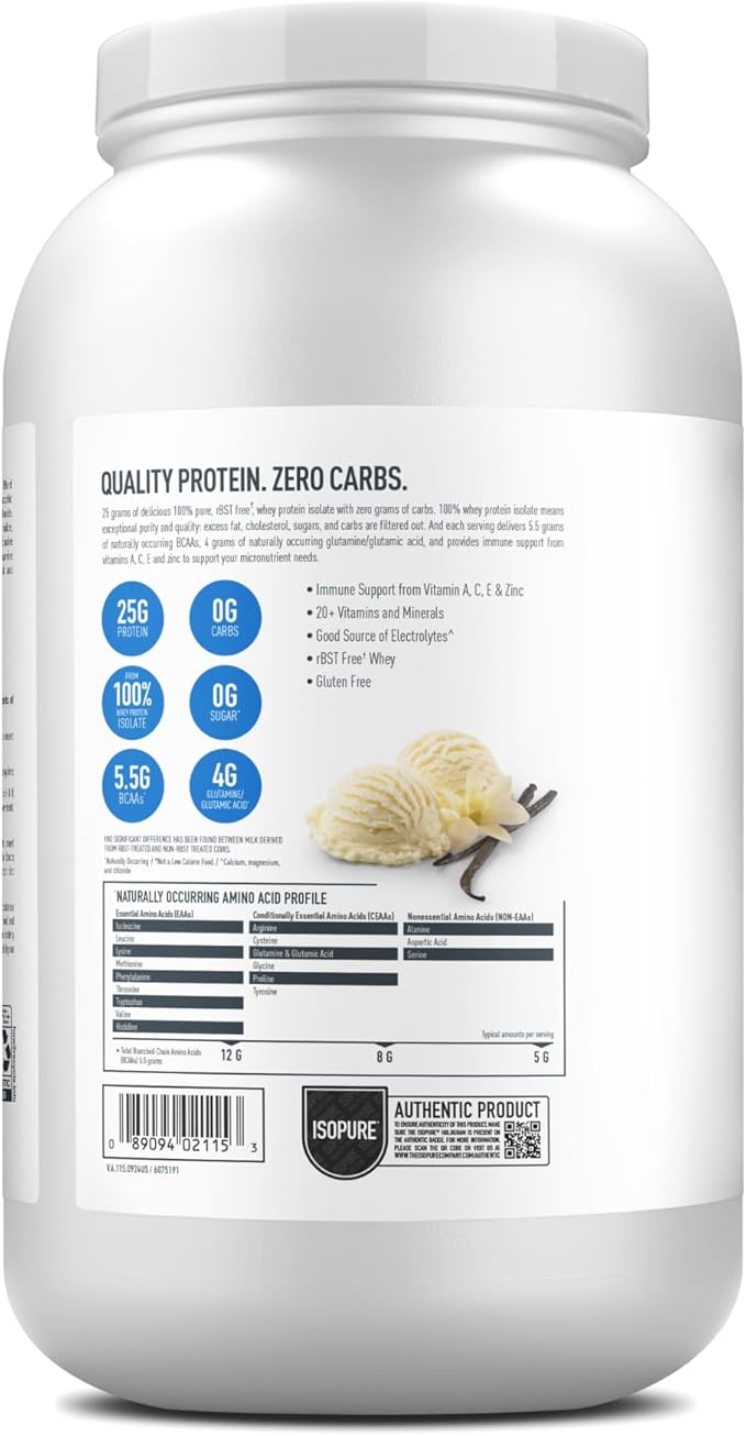 Isopure Zero Carb 100% Pure Whey Isolate Protein Powder, Lactose Free, Gluten Free, With Vitamins, Creamy Vanilla, 25g Protein Per Serving, 3 Lbs, 44 Servings (Packaging May Vary)