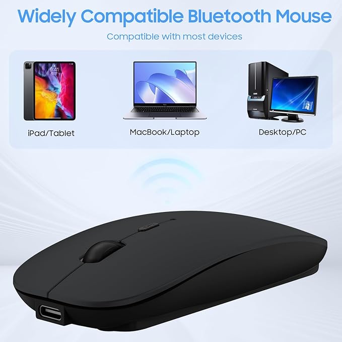 SUNGI Bluetooth Mouse for Laptop/MacBook/iPad/Android PC,Rechargable Quiet Slim Wireless Mice Compatible with Windows/Linux/Tablet,Black