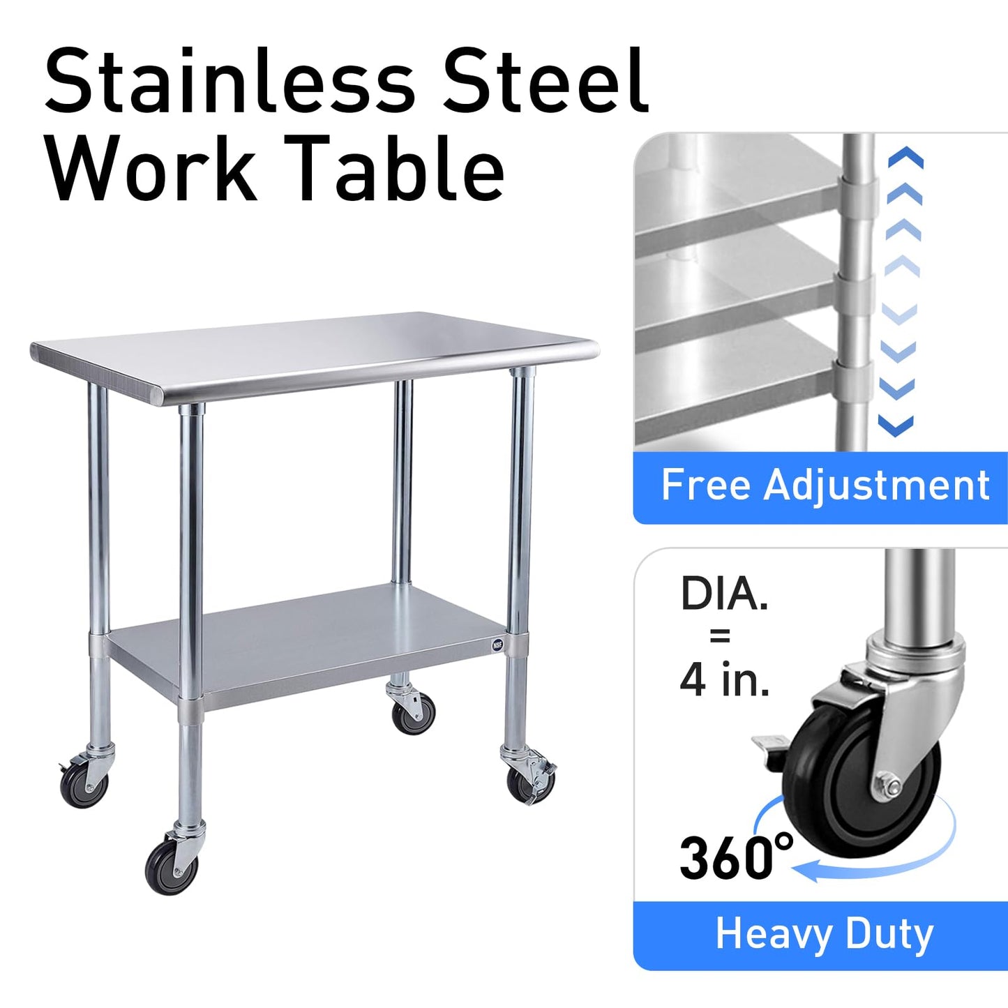 ROCKPOINT Stainless Steel Table for Prep & Work with Caster Wheels 18x24 Inches, NSF Metal Commercial Kitchen Heavy Duty Table with Adjustable Under Shelf and Table Foot for Restaurant, Home and Hotel