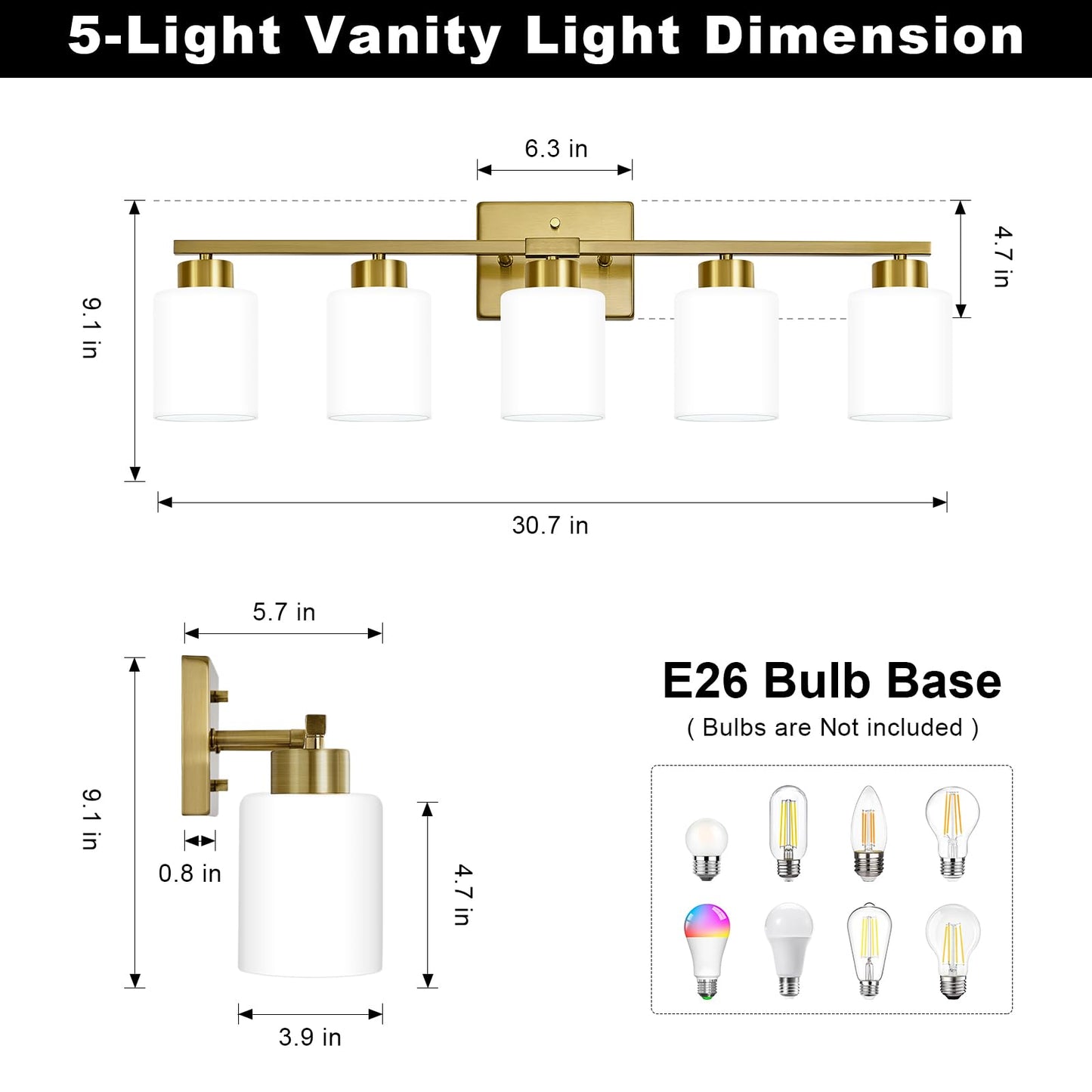 FonmYim 5-Light Bathroom Light Fixture, Brushed Gold Metal Vanity Light with Frosted Glass Shades, Model FY-GB3105-BG5