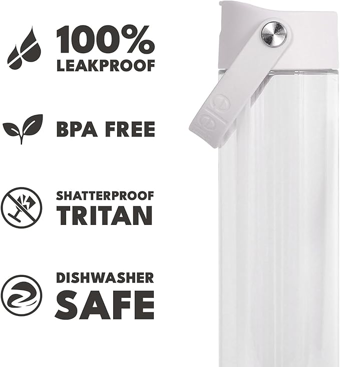 Elemental Splash Water Bottle with Straw - BPA-Free Tritan Plastic Reusable Water Bottle with Strap - Ideal for Travel, Gym and Sports - Leak Proof when Spout is Closed - 26oz - Clear
