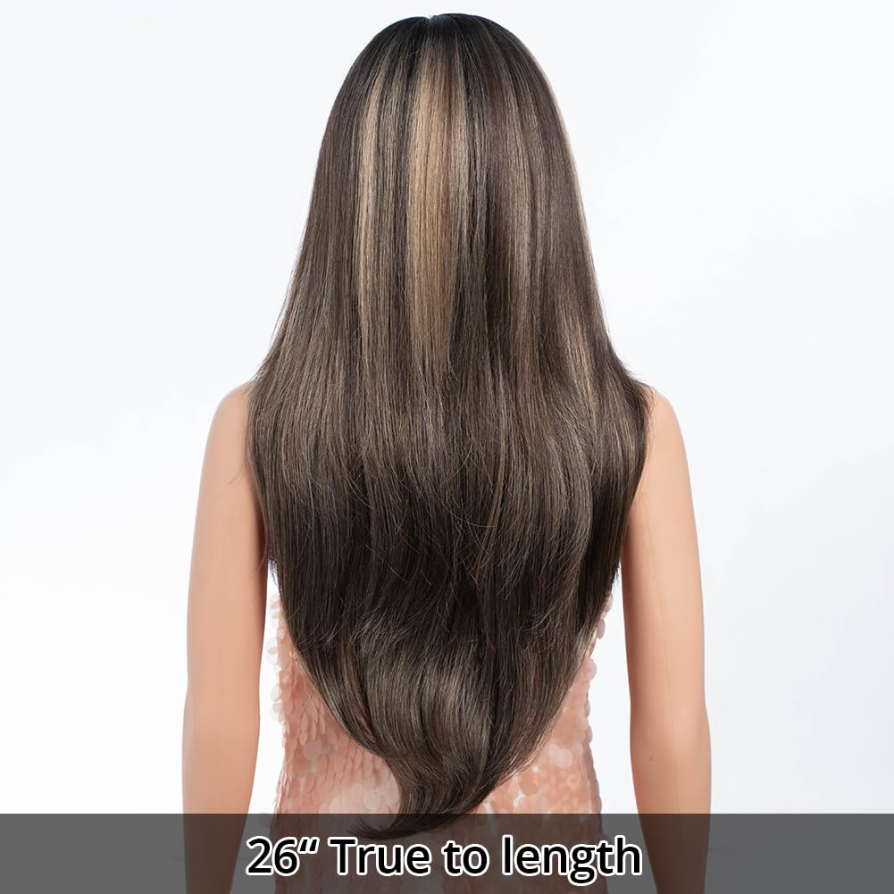 Style Icon 26 Synthetic Lace Front Wigs HD Lace Middle Part Wigs Long Straight Wigs for Women Pre Plucked Wigs with Bangs of Doo