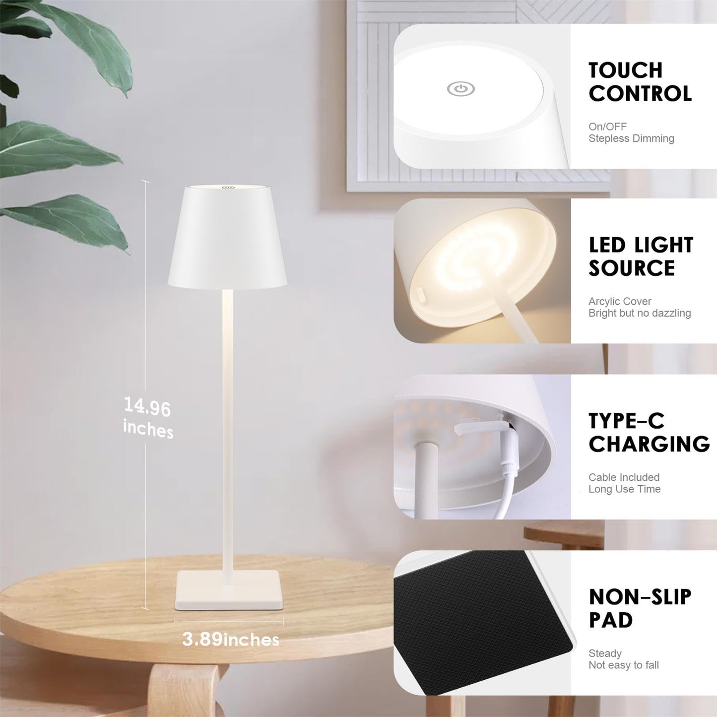 Aoceley Rechargeable Table Lamps, LED Cordless Light, 3W, 5500mAh Battery, Waterproof, 2-Pack, White-3000k, Model HT010