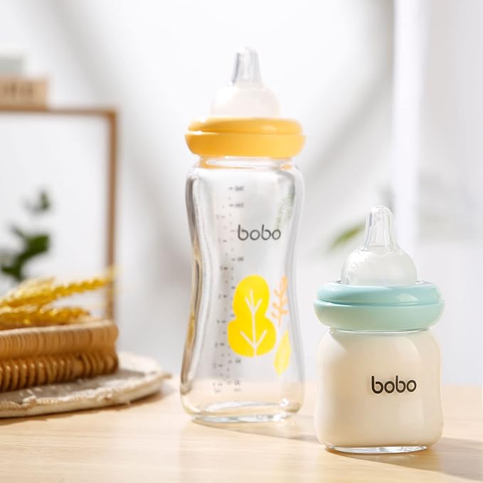 YOHKOH Natural Glass Baby Bottle with Natural Response Nipple, Newborn Anti-Colic Baby Bottles, Wide Neck Mushroom Cap Baby Bottle, Clear (3.4oz (Pack of 4), Blue)