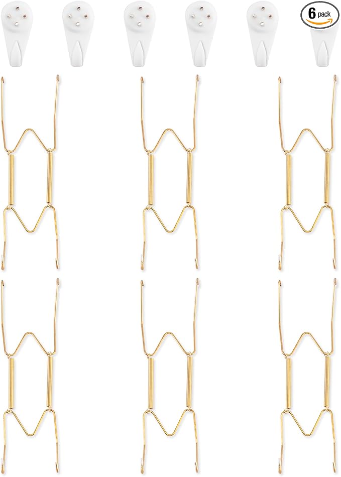 6 Pack Plate Hangers for The Wall, Suitable for 8-10 inch Art Plate, Stainless Steel Invisible Heavy Duty Wire Plate Holder with Wall Hooks, Plate Hangers for Displaying Plates, Platter, Dish, Gold