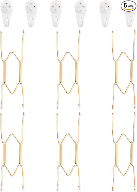 6 Pack Plate Hangers for The Wall, Suitable for 8-10 inch Art Plate, Stainless Steel Invisible Heavy Duty Wire Plate Holder with Wall Hooks, Plate Hangers for Displaying Plates, Platter, Dish, Gold