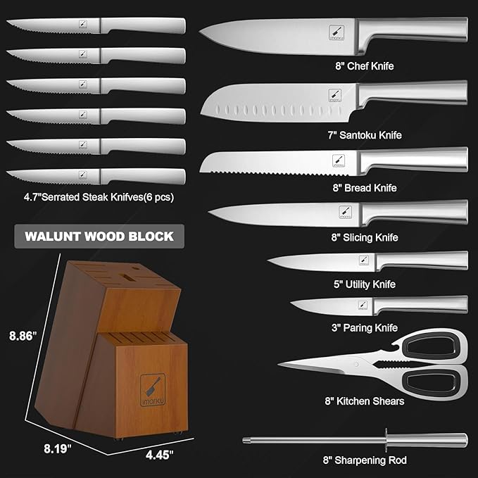 imarku Knife Set - Kitchen Knife Set 15 Pieces Japanese Stainless Steel Knife Block Set with Sharpener - Dishwasher Safe Kitchen's Knives - Ultra Sharp Chef Knife Set for Kitchen